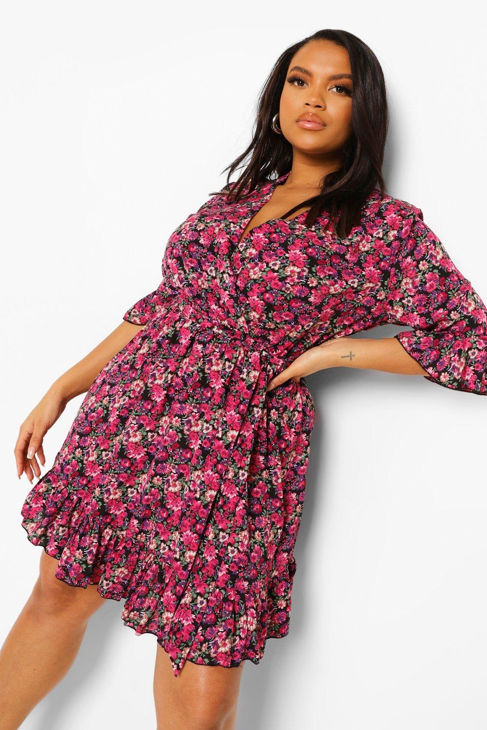 Plus Ditsy Floral Wrap Belted Dress | boohoo